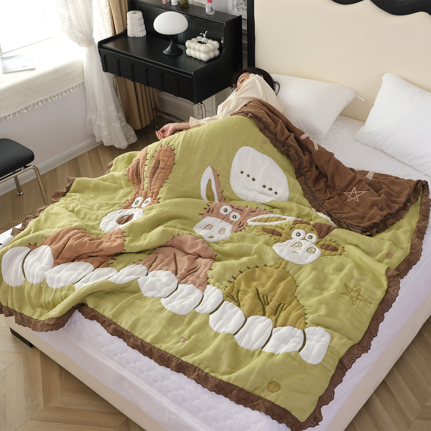 十层精梳棉泡芙被纯棉四季通用超柔卡通盖毯成人家用纯棉毛巾被子