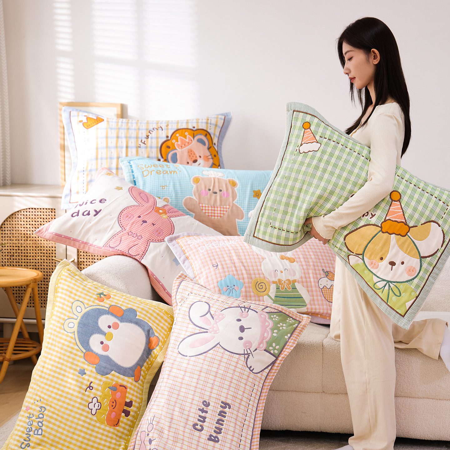 纯棉纱布枕巾一对装全棉可爱卡通