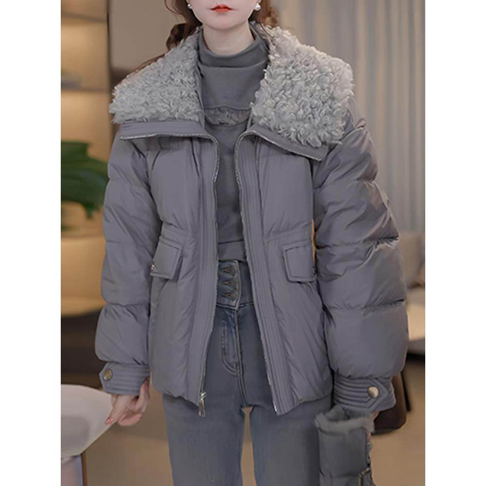 欧货羊羔毛翻领羽绒棉服女2025冬装新款小个子时尚爆款面包服外套