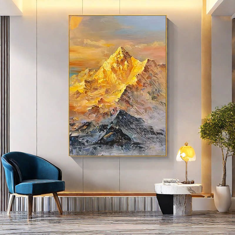 日照金山手绘油画玄关成品挂画客厅装饰画餐厅肌理高级感中式壁画