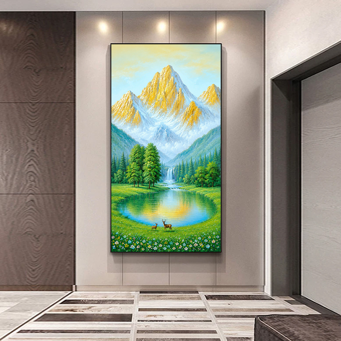 手绘油画金山聚宝盆竖版挂画新中式玄关走廊装饰画客厅山水风景画