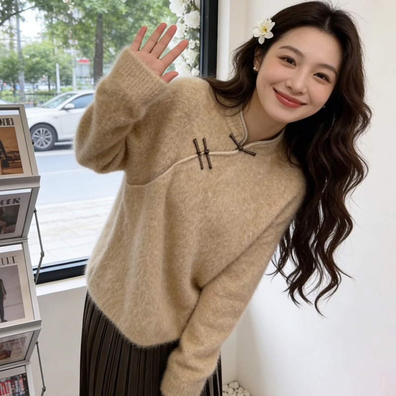 大码新中式纯色盘扣立领软糯毛衣女秋冬季微胖MM宽松显瘦套头小衫,女装/女士精品,大码内搭,淘宝优惠券,粉丝福利购,淘宝优惠卷
