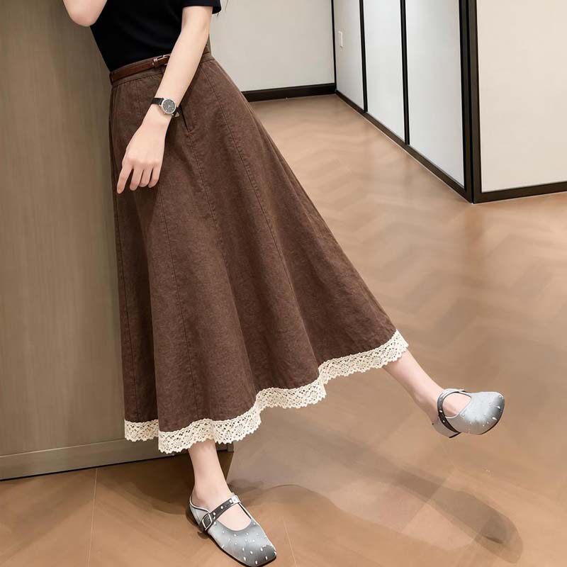 温柔风咖色蕾丝拼接女士半身裙2026秋季大码胖MM高腰显瘦中长裙子