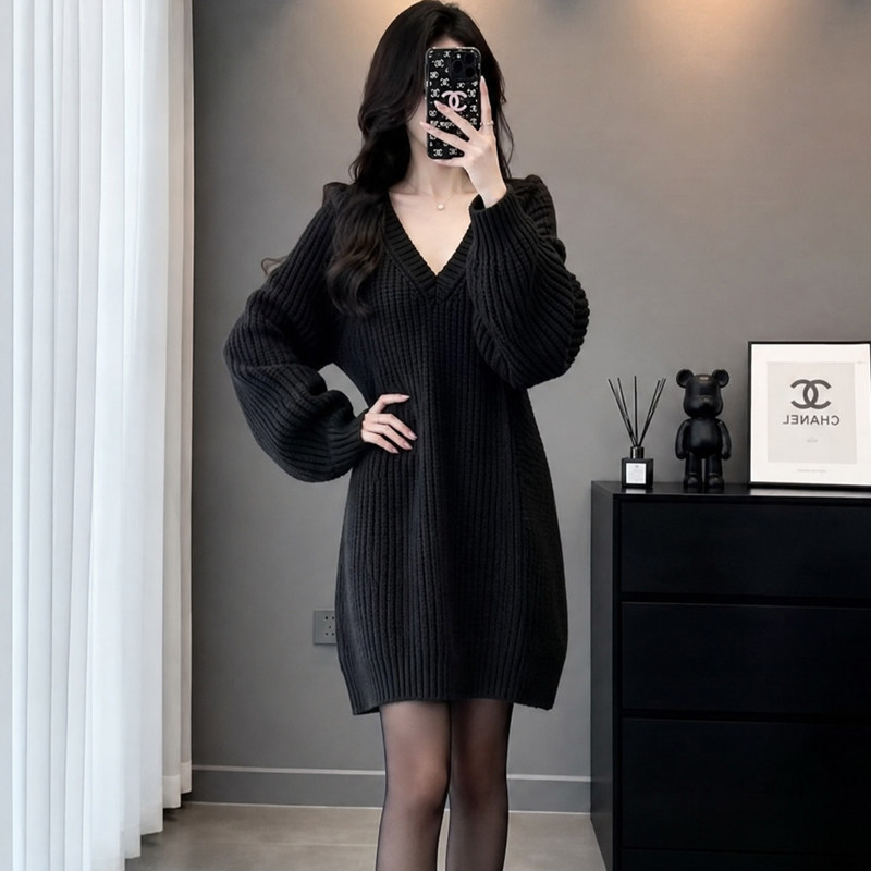 大码慵懒风v领中长款毛衣女2026秋冬季韩系胖mm遮肚子显瘦针织衫