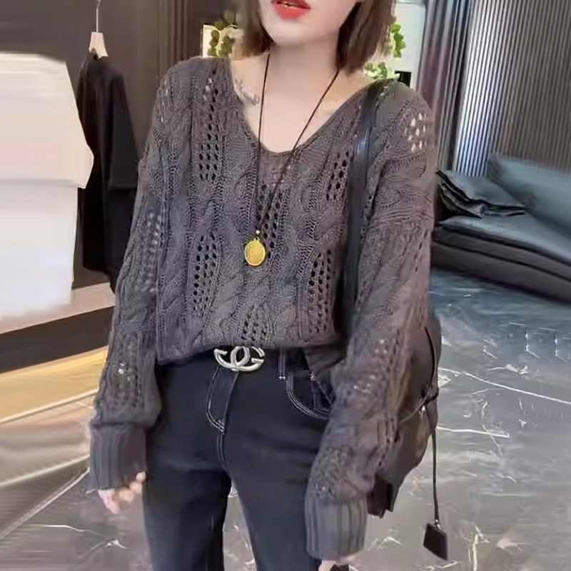 镂空设计感韩系百搭宽松显瘦针织衫秋装气质大码女士胖mm套头毛衣