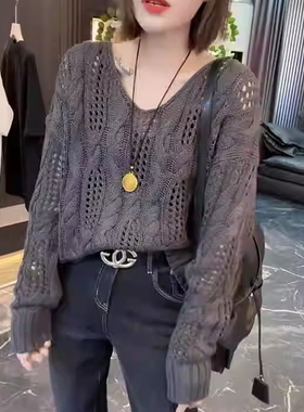 镂空设计感韩系百搭宽松显瘦针织衫秋装气质大码女士胖mm套头毛衣