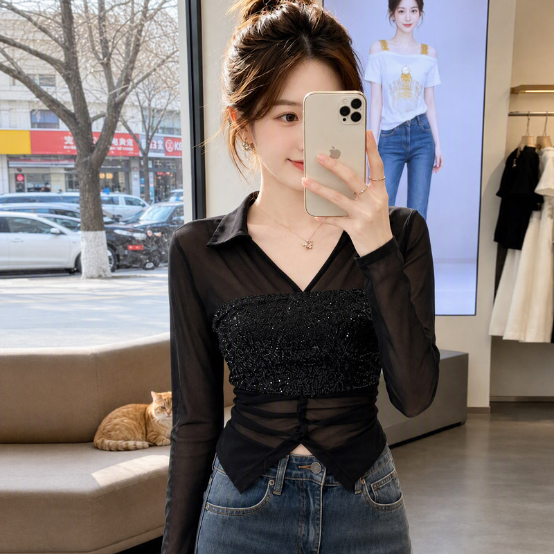 黑色性感网纱拼接开叉T恤女2026秋季大码胖mm修身显瘦设计感小衫