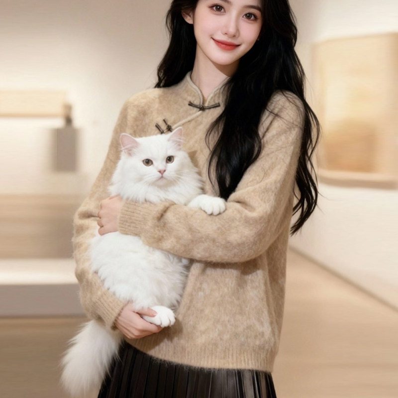 秋冬季微胖mm新中式盘扣软糯上衣大码女装慵懒风减龄立领显瘦毛衣,女装/女士精品,大码内搭,淘宝优惠券,粉丝福利购,淘宝优惠卷