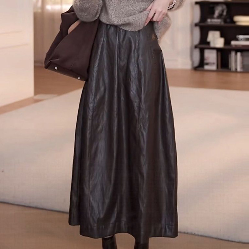 咖色抽褶大码女士PU皮半身裙2025秋季气质高腰胖mm显瘦过膝a字裙,女装/女士精品,大码半身裙,淘宝优惠券,粉丝福利购,淘宝优惠卷