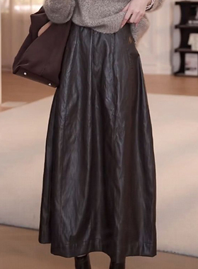 咖色抽褶大码女士PU皮半身裙2025秋季气质高腰胖mm显瘦过膝a字裙