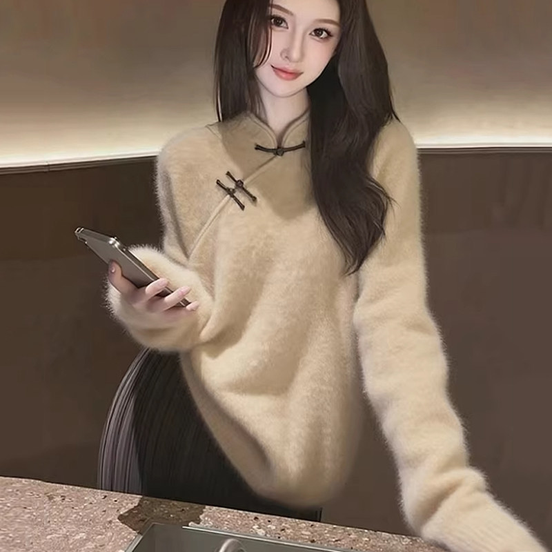 大码女装新中式盘扣宽松小衫2025秋冬温柔风微胖妹妹显瘦软糯毛衣,女装/女士精品,毛衣,淘宝优惠券,粉丝福利购,淘宝优惠卷