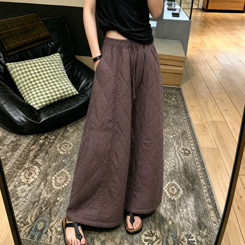 大码女士松紧腰抽绳菱格夹棉裤子2026秋冬季胖mm宽松显瘦阔腿长裤
