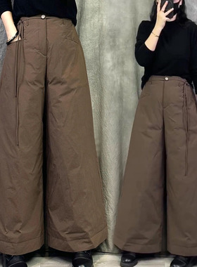 咖色夹棉外穿大码女装宽松阔腿裤2025秋冬胖mm显瘦减龄高腰休闲裤