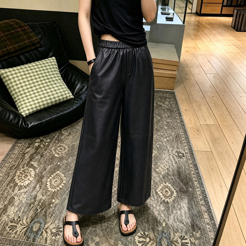 2026秋冬季小个子垂感百搭PU皮裤女大码胖MM松紧腰显瘦休闲阔腿裤