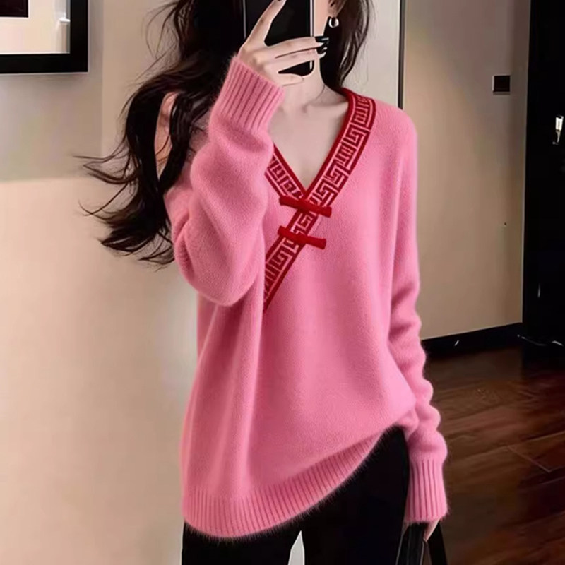 洋气百搭大码女士国风盘扣小衫2025秋冬微胖妹妹减龄V领软糯毛衣,女装/女士精品,大码内搭,淘宝优惠券,粉丝福利购,淘宝优惠卷