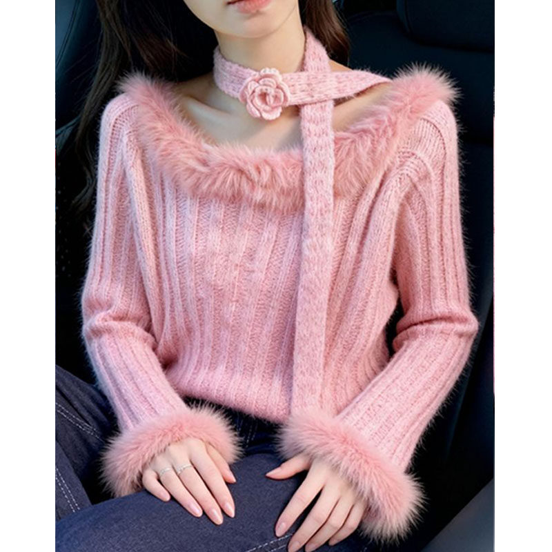 洋气粉色温柔慵懒风针织衫秋冬大码胖mm显瘦毛毛领设计感女士毛衣,女装/女士精品,大码内搭,淘宝优惠券,粉丝福利购,淘宝优惠卷