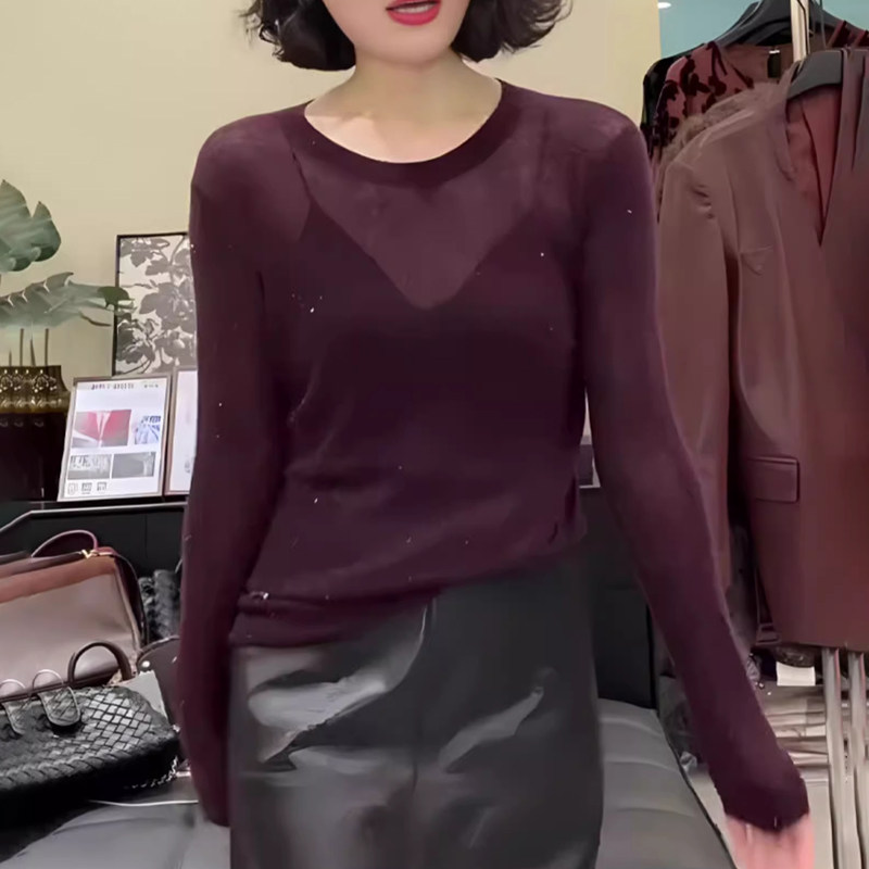 独特酒红色微透内搭打底衫女士t恤秋装胖mm大码显瘦修身洋气上衣