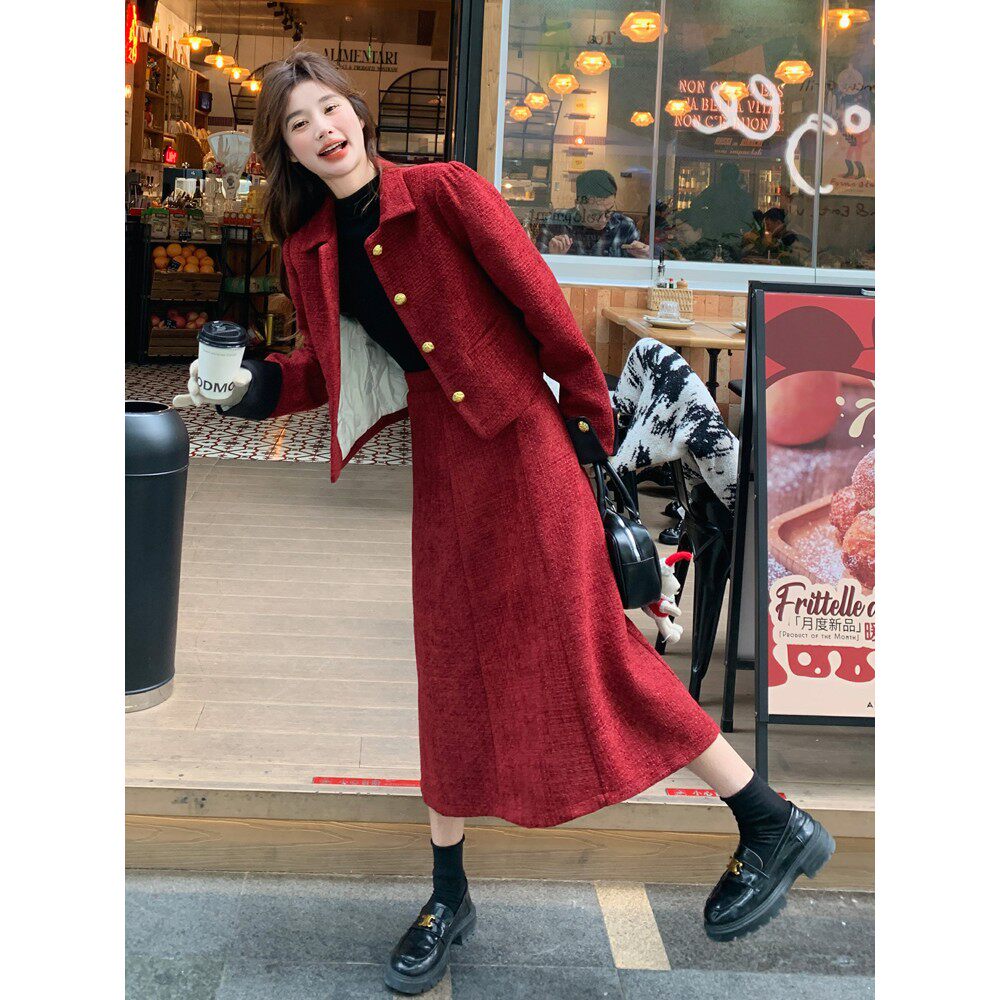 专柜正品轻奢时尚羽绒内胆红色小香风套装2025冬加厚半身裙两件套,女装/女士精品,时尚套装,淘宝优惠券,粉丝福利购,淘宝优惠卷