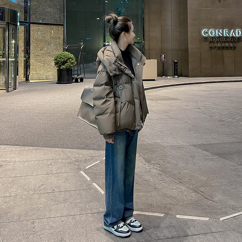 专柜正品灰色短款连帽白鸭绒羽绒服女2025冬季新款小个子加厚外套