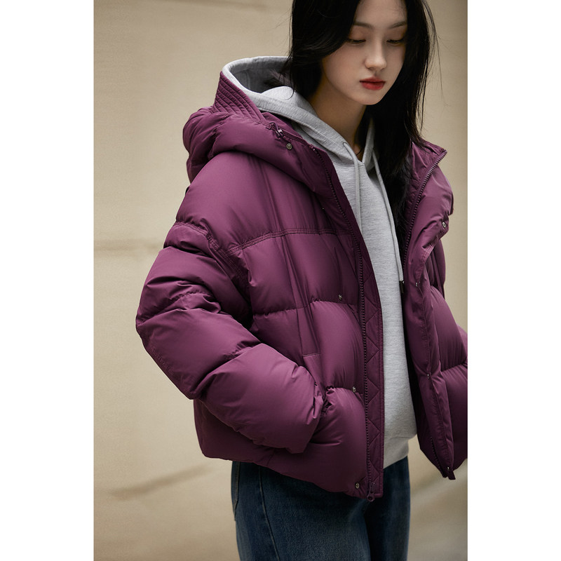 专柜正品轻奢优雅酱紫羽绒服2025冬连帽短款蓬松保暖95白鹅绒外套