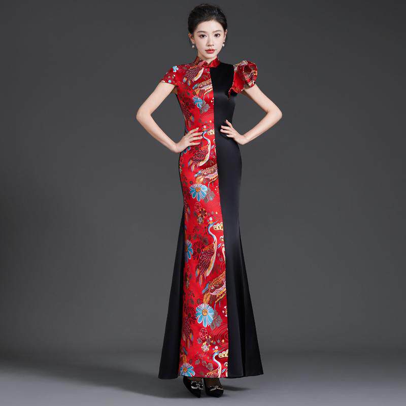 优雅改良高端中式鱼尾晚礼服2025红黑撞色旗袍走秀演出服表演服