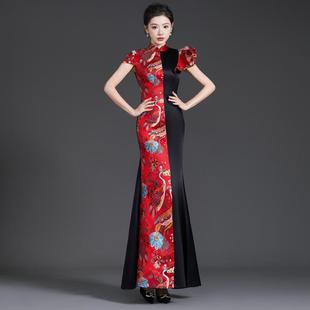 优雅改良高端中式 鱼尾晚礼服2025红黑撞色旗袍走秀演出服表演服