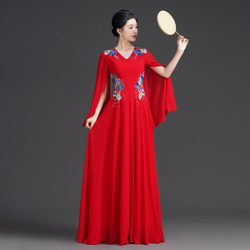 2025新款古筝演出服红色披风长款显瘦长裙舞台表演民乐独奏演出服