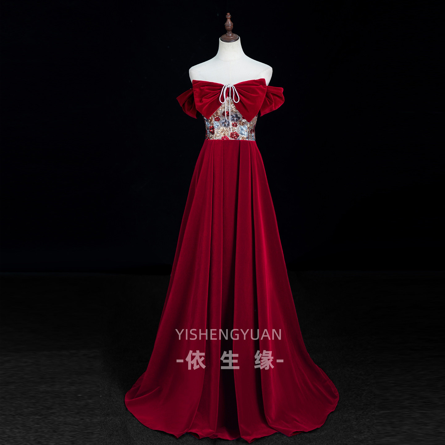 新中式一字肩酒红色敬酒服新娘结婚礼服裙高级显瘦绑带宴会晚礼服