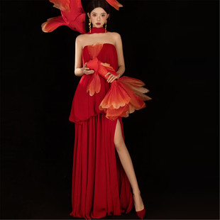 新款影楼写真服新中式红色一字肩无袖绑带长裙礼服大码时尚晚宴风