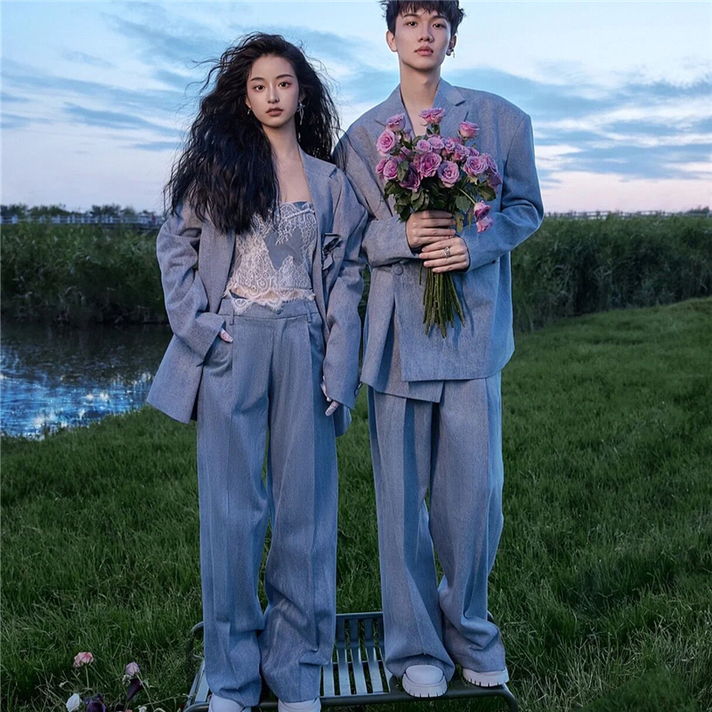 个性牛仔西装领摄影主题情侣装森