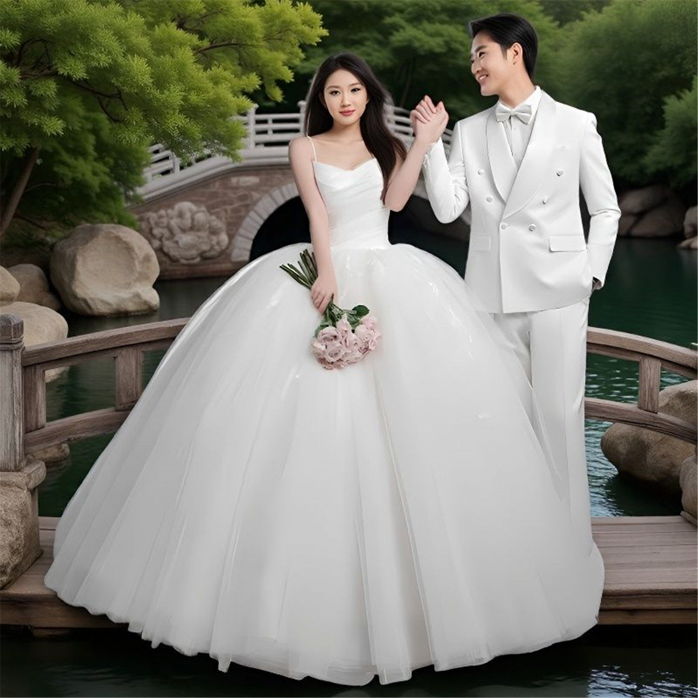 影楼主题婚纱新款白色网纱抹胸在逃公主齐地婚纱简约时尚摄影服装