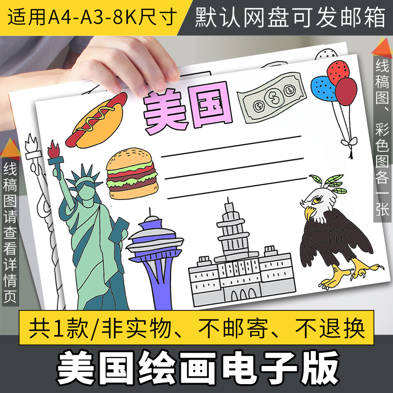 国外旅游美国介绍英语电子小报word手抄报模板线稿涂色画报素材
