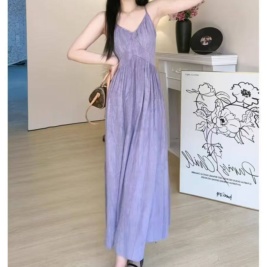 法式复古紫色棉麻吊带连衣裙女夏高级感收腰显身材