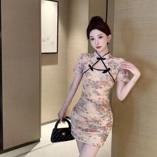 包臀短款 連衣裙 少女復(fù)古國風(fēng)印花遮肉改良旗袍皺褶遮肚修身 新中式