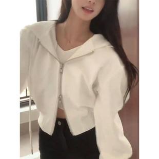 美式 外套潮 空气层拼接拉链连帽开衫 卫衣外套女宽松休闲运动短款