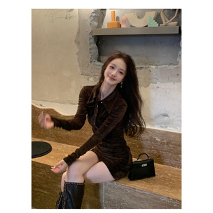 早秋2025年新款女装丝绒polo领连衣裙小个子冬装搭配显高包臀短裙