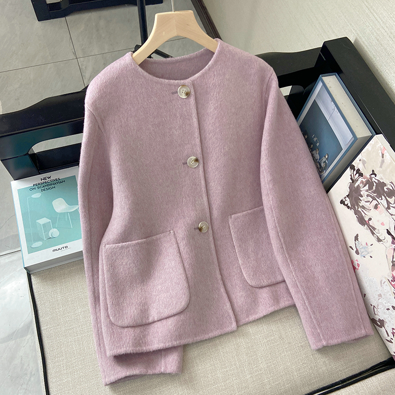 双面羊绒大衣小香风圆领淑女羊毛