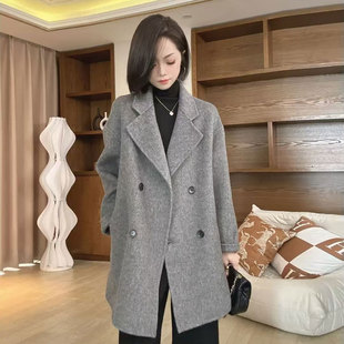 秋冬款欧货小宽松双面羊毛大衣手缝羊绒西装款羊驼绒外套女小个子