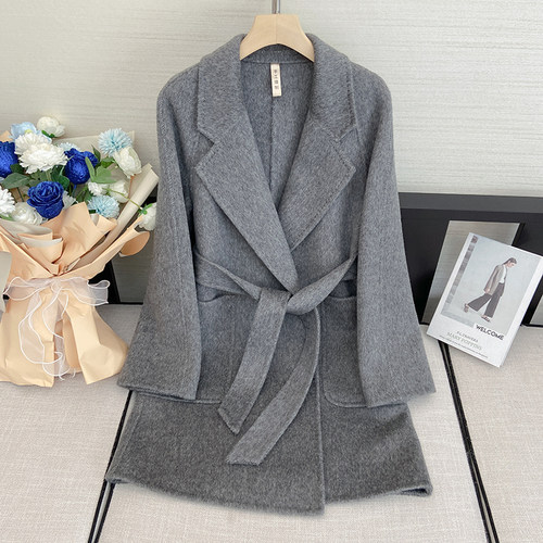 秋冬系带新款双面羊毛毛呢外套