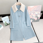 双面羊毛牛角扣大衣冬季 兔毛领羊绒大衣女 时尚 加厚毛呢外套修身 版