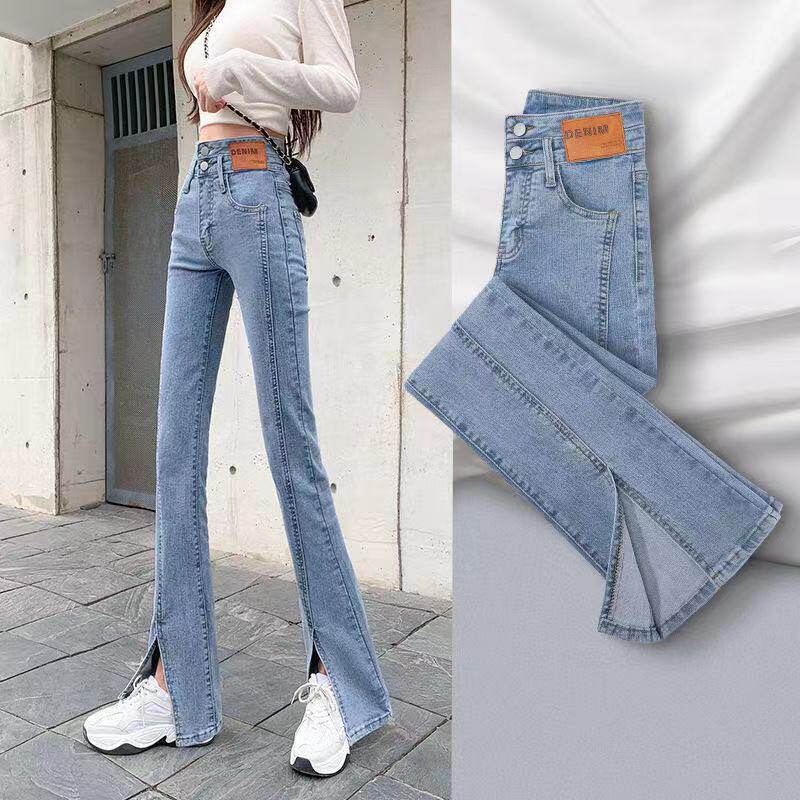 SPRING AND SUMMER 2023 SPLIT CUT JEANS WOMENS KOREA INS HIGH-WAISTED THIN FLARED WIDE-LEG MOPPING SPLIT PANTS