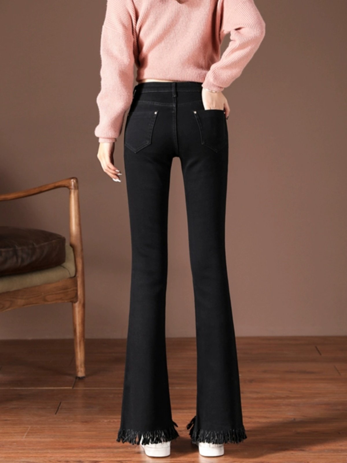 FLEECE MICRO FLARED JEANS WOMENS AUTUMN AND WINTER STRETCH HIGH-WAISTED SMALL BLACK SLIT EIGHT OR NINE POINTS WIDE-LEG PANTS ARE HIGH