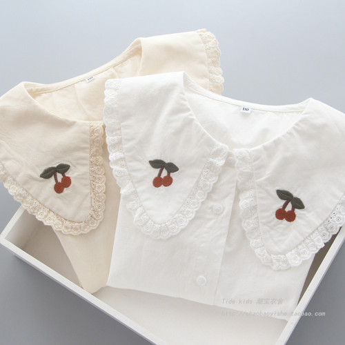 春秋韩版樱桃刺绣娃娃领纯棉衬衫