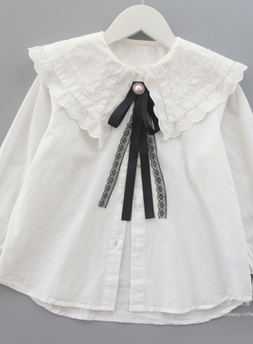 女童衬衫春装2025新款儿童韩版蕾丝边娃娃领长袖衬衣宝宝打底上衣