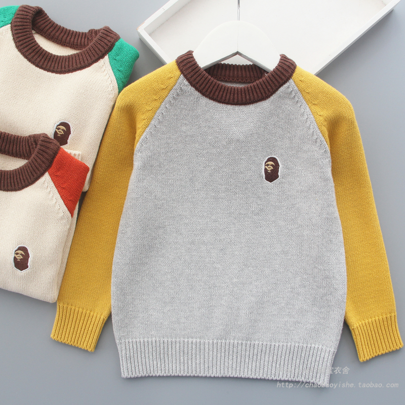 男童春秋装撞色斜肩袖全棉线毛衣