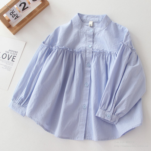 春秋纯棉衬衫立领韩版抽褶娃娃衫