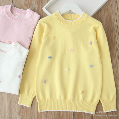 女童春秋装圆领纯棉针织打底毛衣