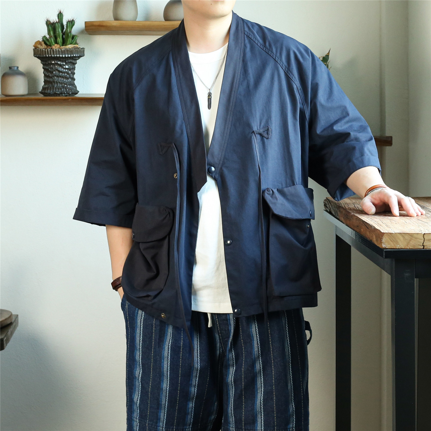 日系中袖7七分袖道袍大口袋工装衬衫短袖 宽松复古无领衬衣半袖男