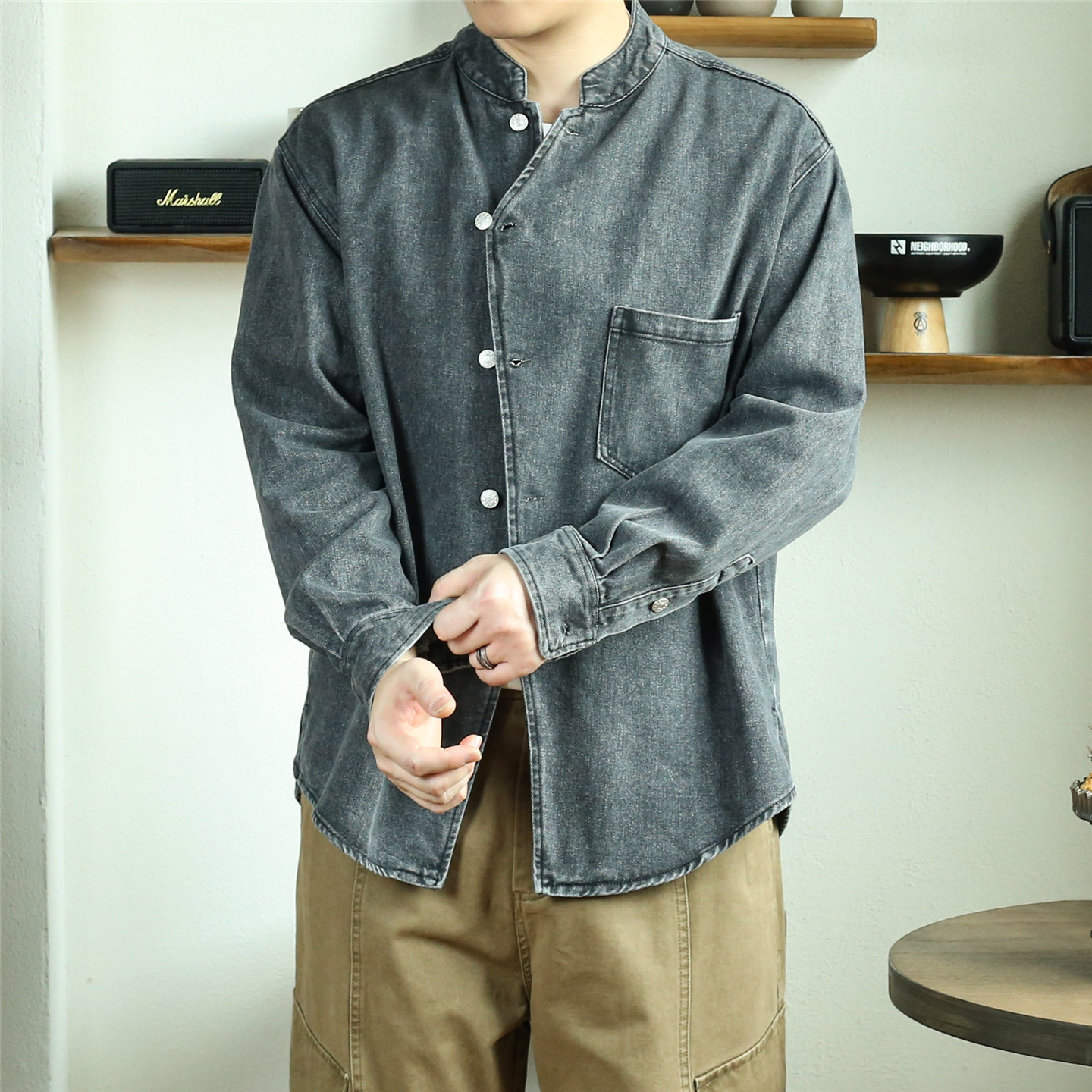 中式复古立领重磅牛仔衬衫外套秋季新款宽松丹宁小领衬衣上衣男女