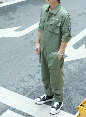 日系复古工装连体裤子军绿色上衣工装服宽松套装工作服连体衣男潮